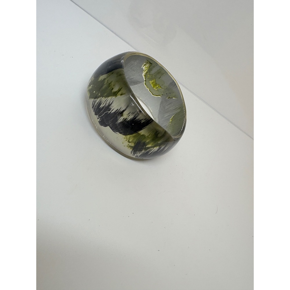 Chunky Resin Bangle Bracelet Abstract Moss Green Black Gold Clear Statement
